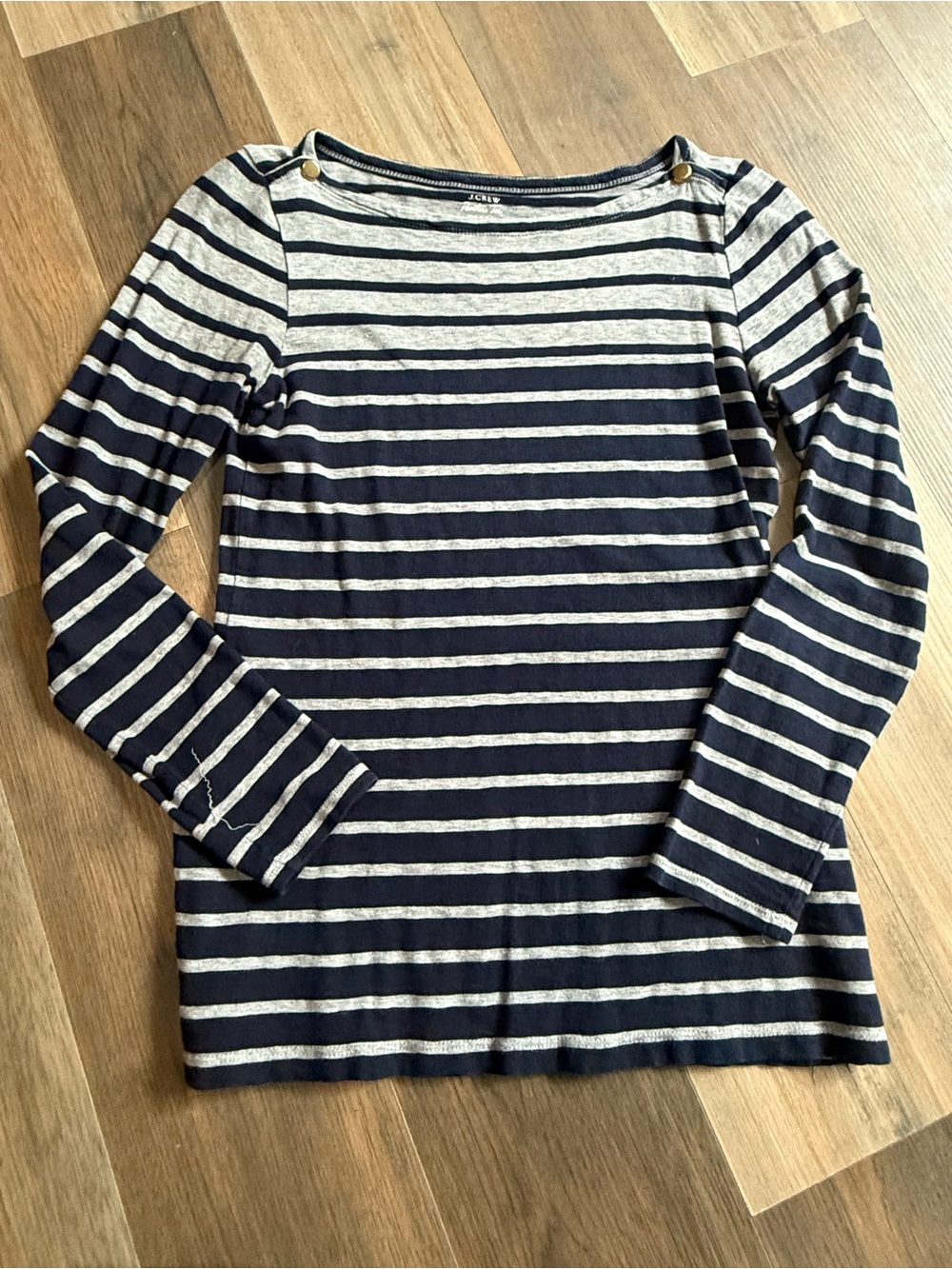 J. Crew Navy and Cream Striped Boatneck Top with Gold Buttons